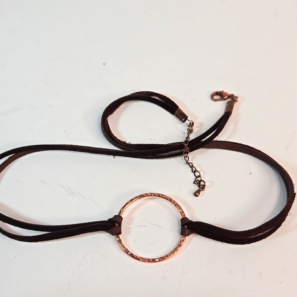 Hammered Copper Circle Double Strand Brown Leather Wrap Bracelet NWOT - Picture 7 of 9